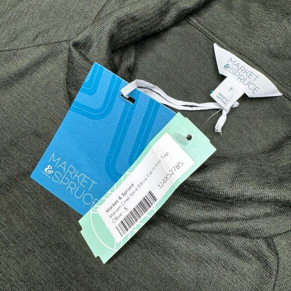 NWT Market & Spruce Marven Olive Green Top Marled Knit Elbow Patch Cowl Neck S - Picture 9 of 10